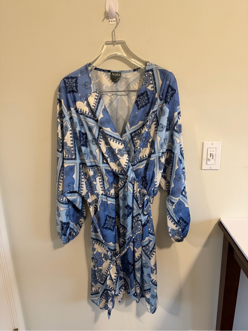 ARULA Blue and White Long Sleeve Wrap Dress